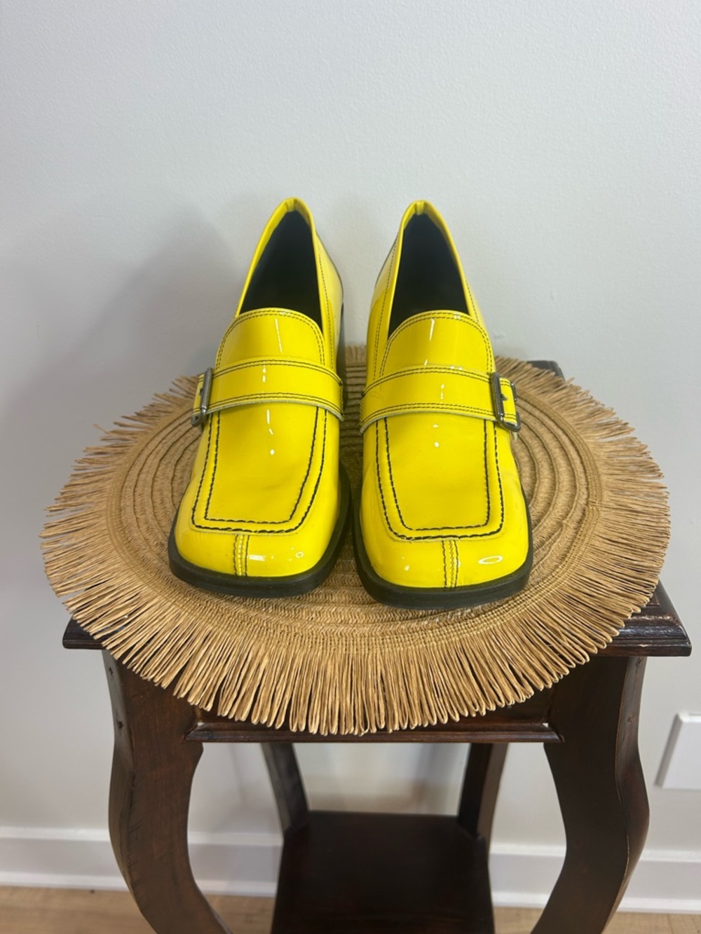 L'INTERVALLE Yellow Patent Buckle Block Heel Loafers❤️9 - Picture 3 of 15